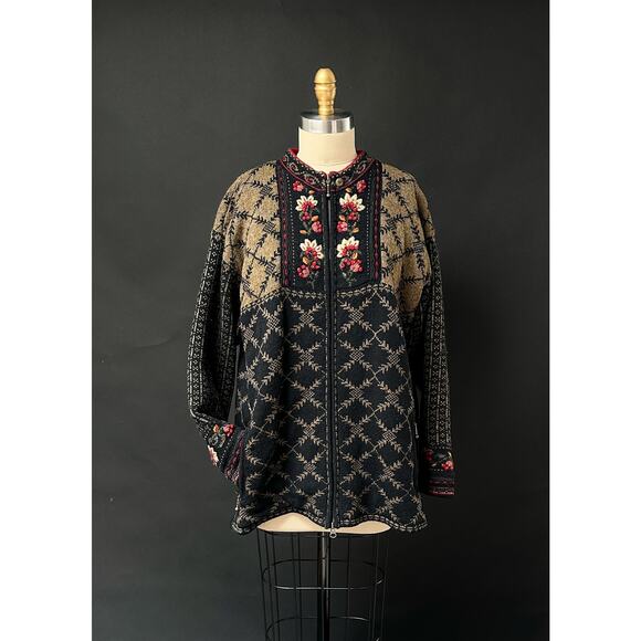 Icelandic Designs Brown Black Floral Embroidered Scandigirl Wool Knit Sweater - Picture 7 of 12